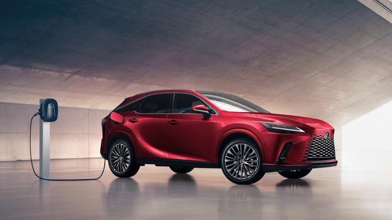 2024 Lexus RX 450h+ in red, charging.